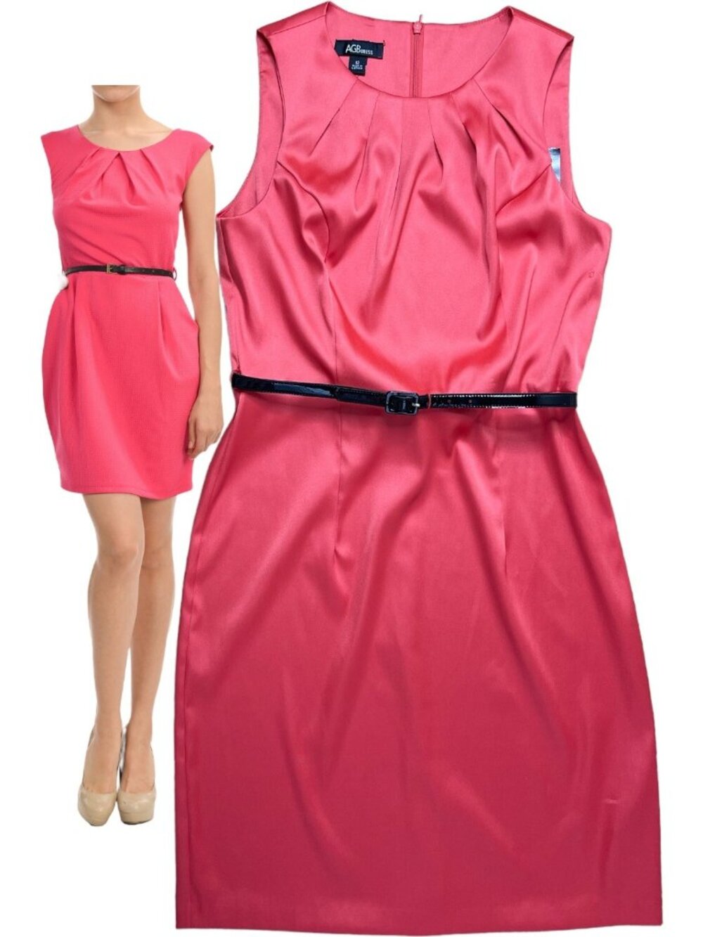 AGB Pencil Mini Dress Size (UK)12 (US)M Coral Pleated Neck Sleeveless Stretch